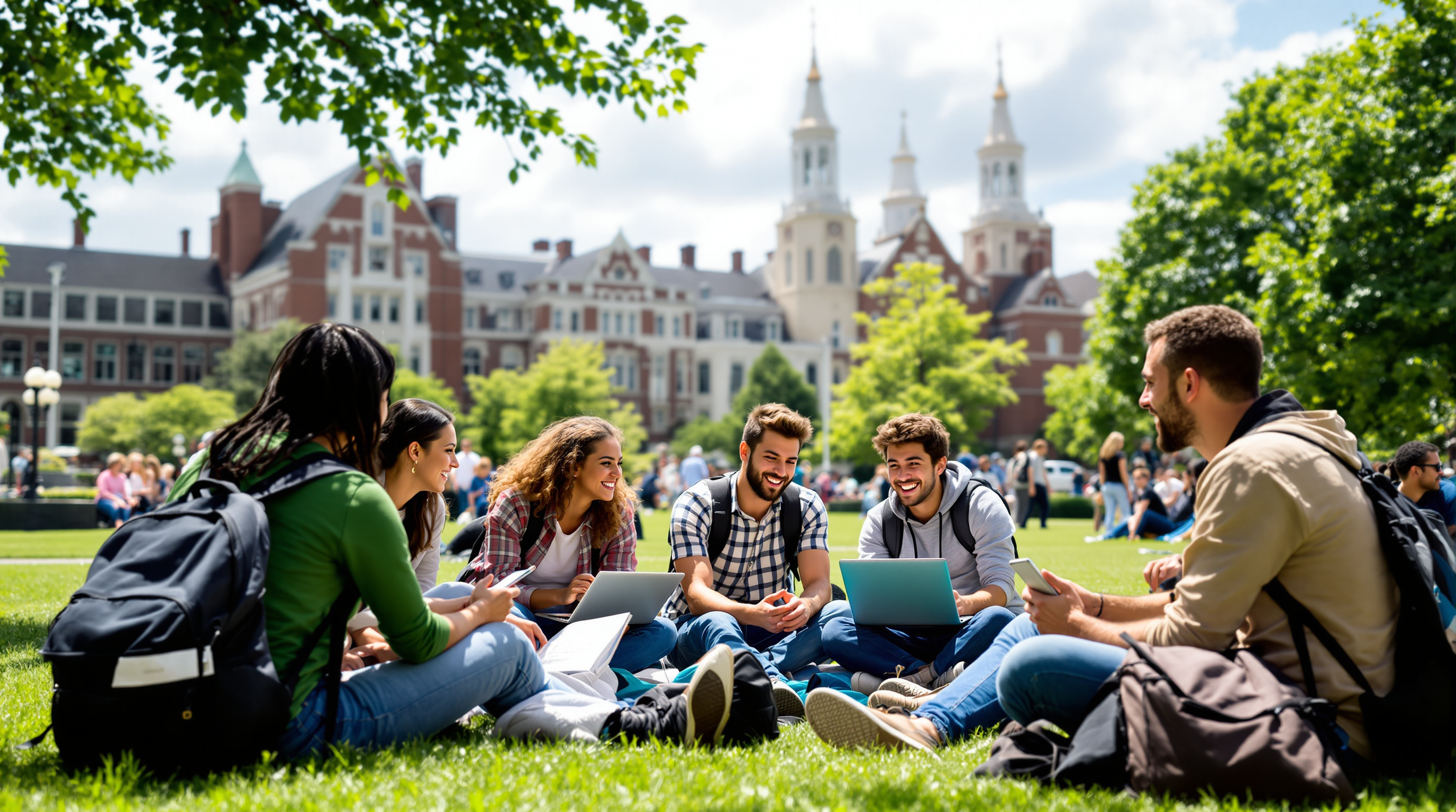 Diverse college students on campus lawn together