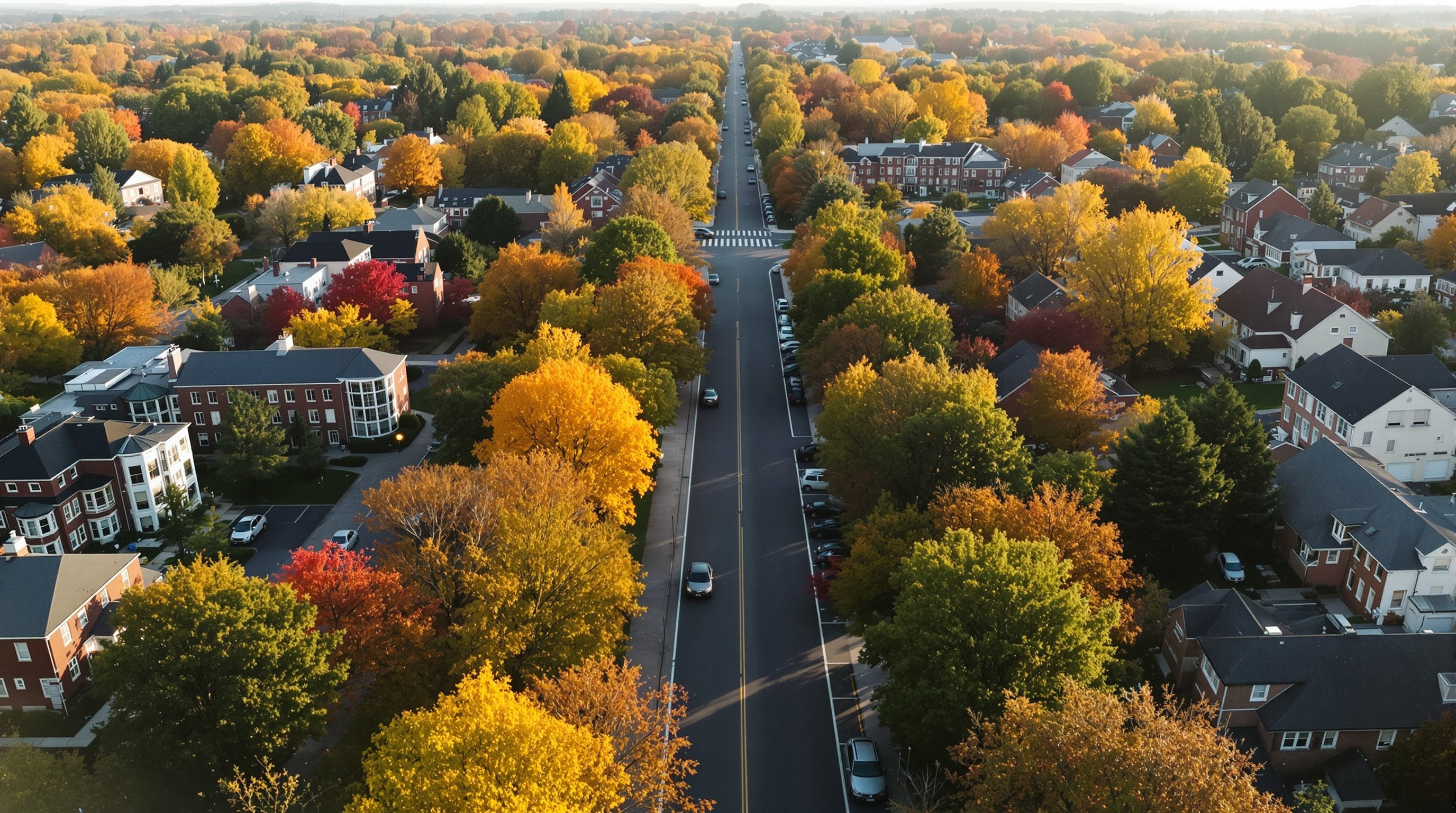 Aerial view of college campus neighborhood with student housing