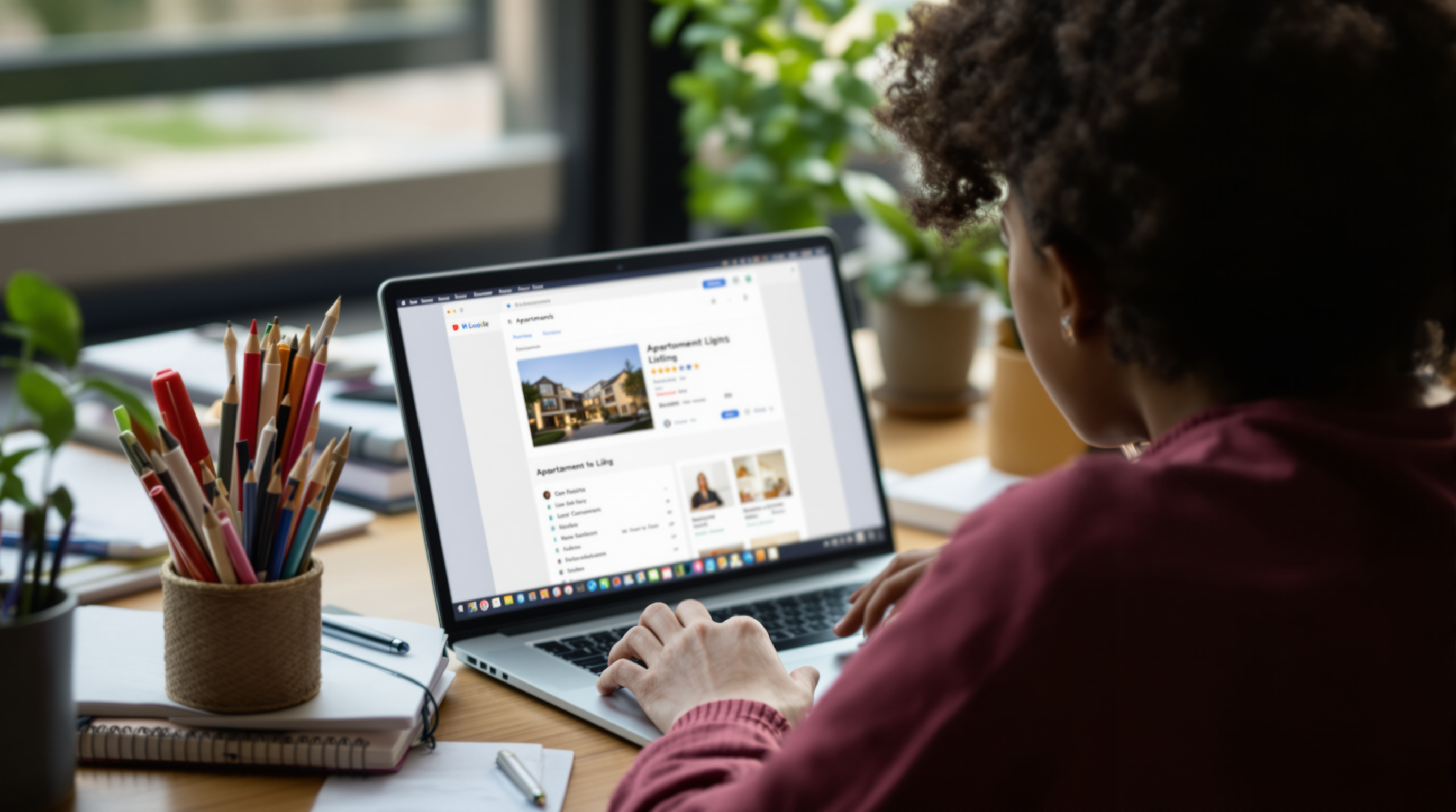 College student searching for apartments online on laptop