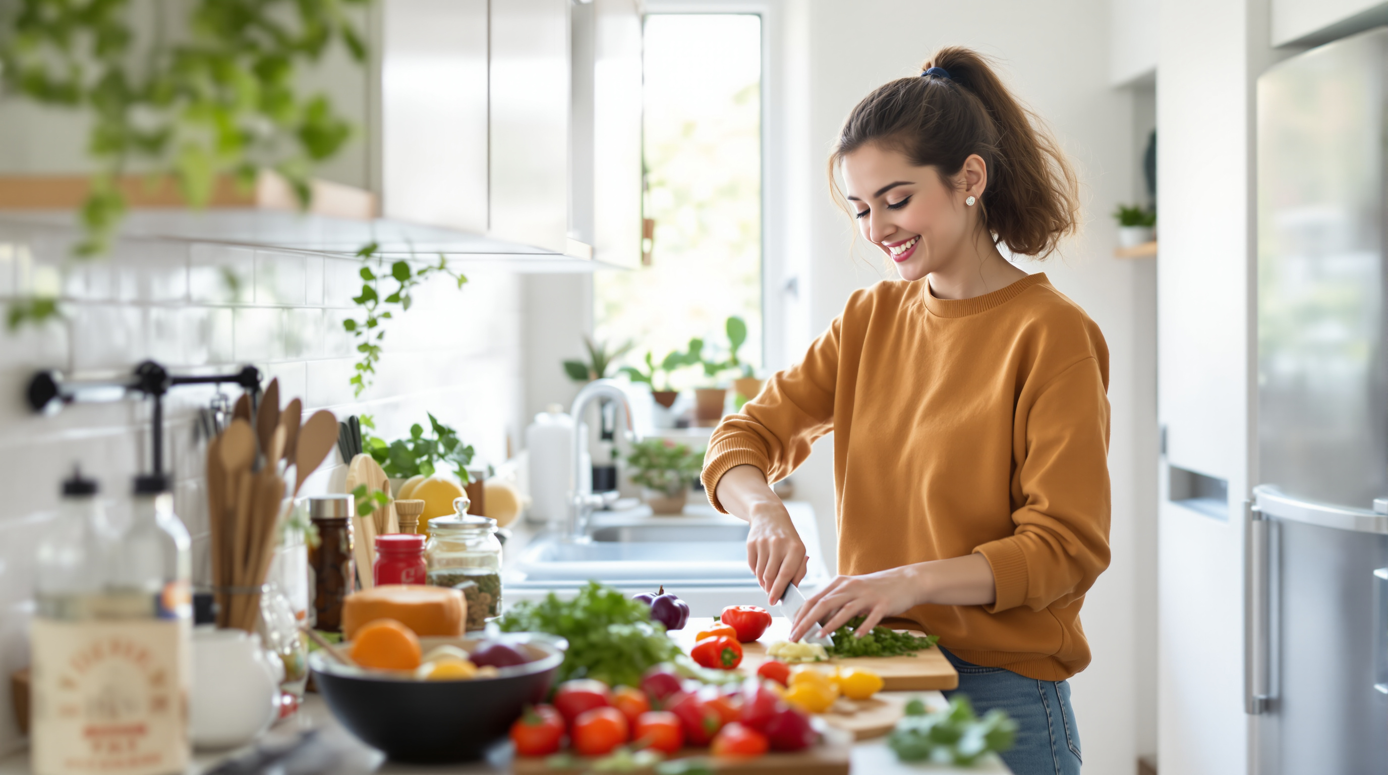College student cooking healthy meal in apartment kitchen
