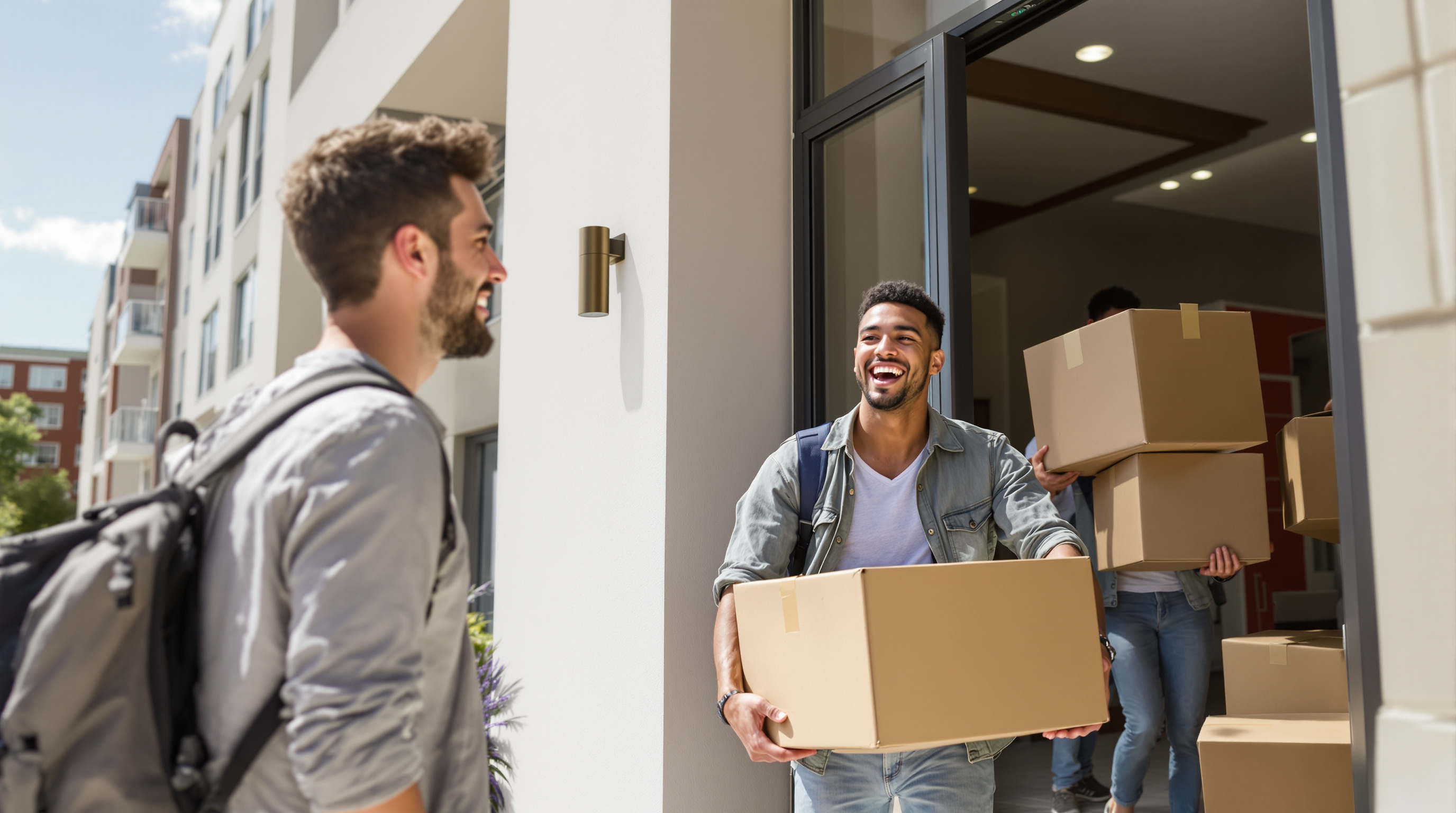 Students moving into college apartment on move-in day with boxes