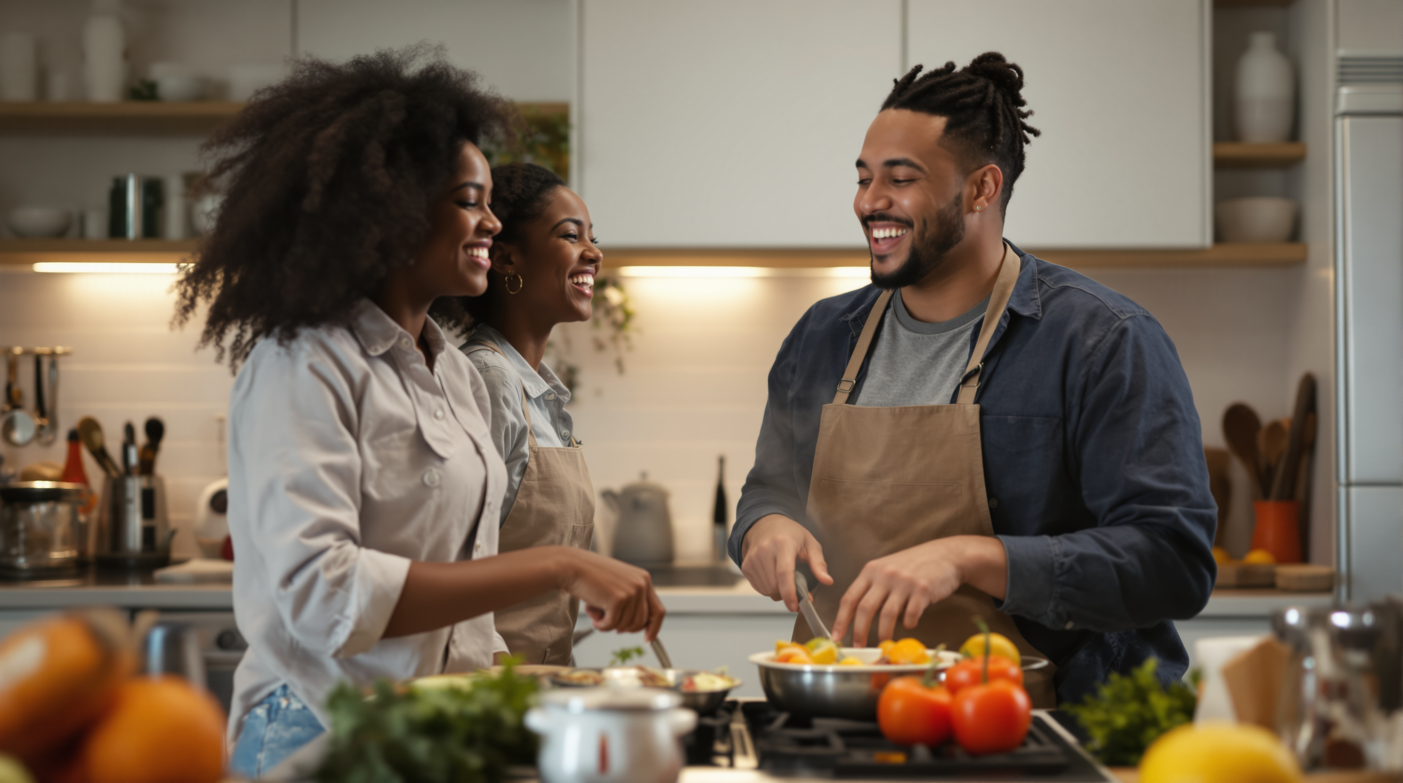 College roommates cooking together in shared apartment